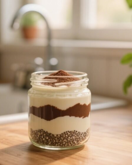 Layered tiramisu chia pudding in a clear jar with coffee layer, creamy coconut yogurt topping, and cocoa dusting — vegan, high-protein