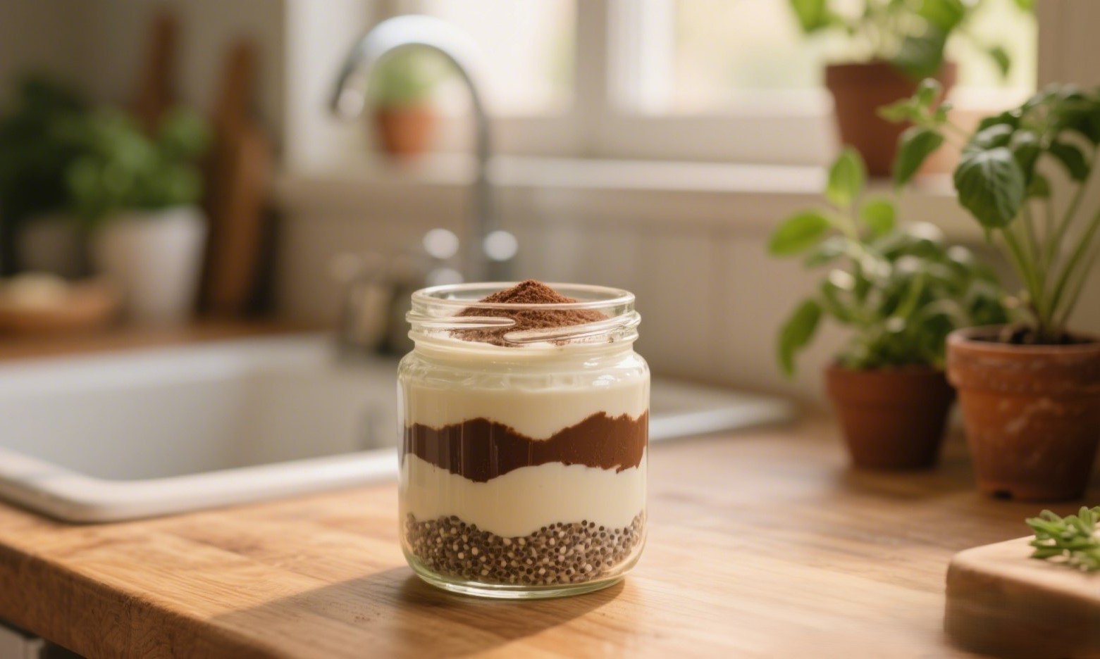 Layered tiramisu chia pudding in a clear jar with coffee layer, creamy coconut yogurt topping, and cocoa dusting — vegan, high-protein