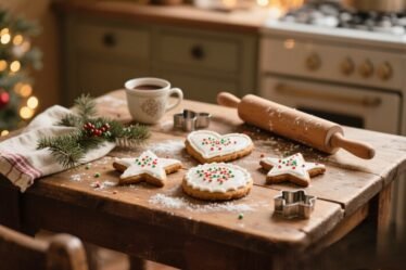 Vintage-style Christmas cookies on a rustic wooden table, decorated with icing and festive sprinkles, cozy holiday kitchen scene.