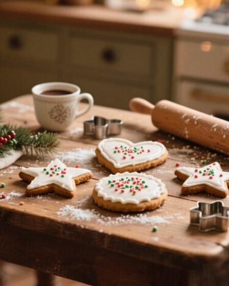 Vintage-style Christmas cookies on a rustic wooden table, decorated with icing and festive sprinkles, cozy holiday kitchen scene.