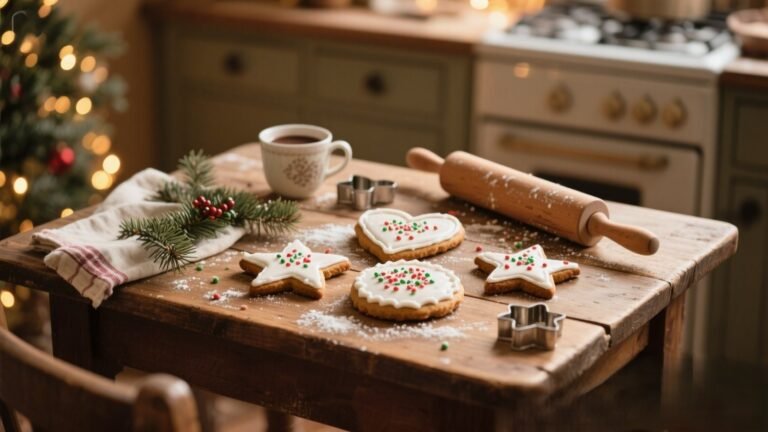 Vintage-style Christmas cookies on a rustic wooden table, decorated with icing and festive sprinkles, cozy holiday kitchen scene.