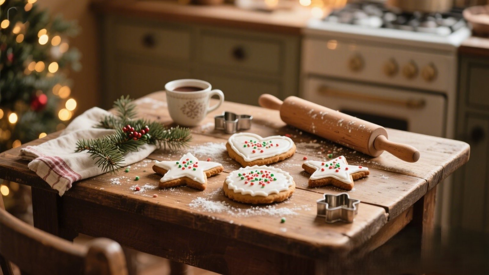Vintage-style Christmas cookies on a rustic wooden table, decorated with icing and festive sprinkles, cozy holiday kitchen scene.