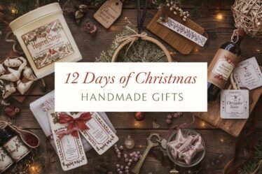 12 Days of Christmas handmade gifts including candles, ornaments, bookmarks, bath items, prayer jars, and other DIY crafts, arranged on a rustic wooden table with pine branches and warm holiday lighting, text overlay included.
