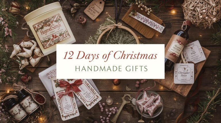 12 Days of Christmas handmade gifts including candles, ornaments, bookmarks, bath items, prayer jars, and other DIY crafts, arranged on a rustic wooden table with pine branches and warm holiday lighting, text overlay included.