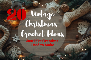 Vintage Christmas crochet scene with granny-square stockings, lace snowflakes, and handmade ornaments, evoking memories of Grandma’s holiday décor.