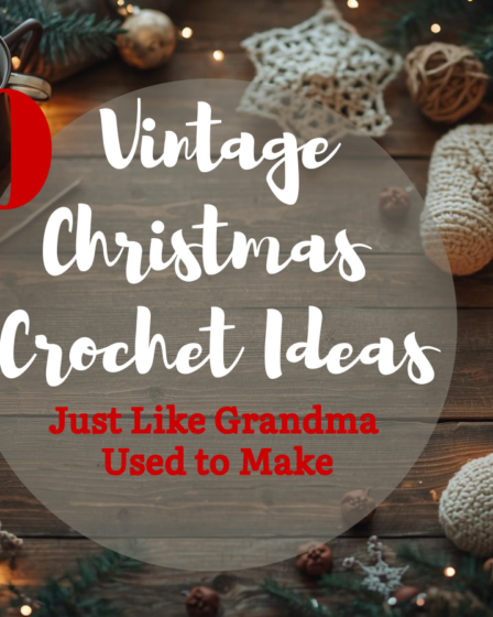 Vintage Christmas crochet scene with granny-square stockings, lace snowflakes, and handmade ornaments, evoking memories of Grandma’s holiday décor.