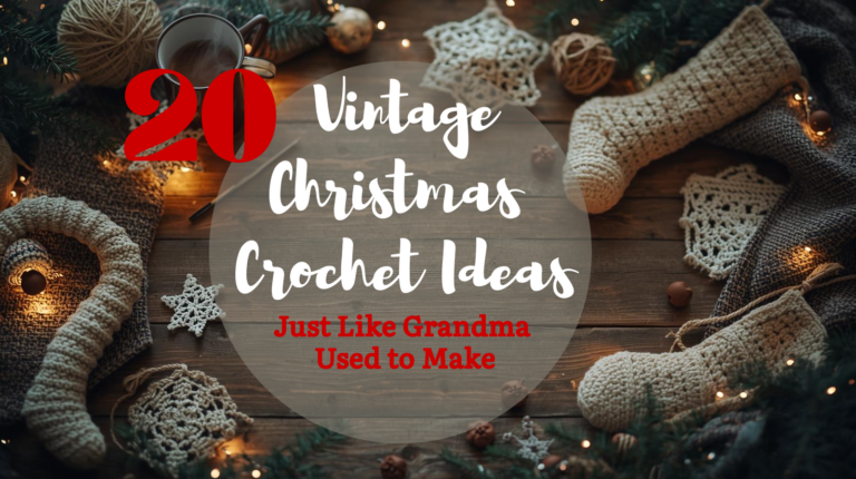 Vintage Christmas crochet scene with granny-square stockings, lace snowflakes, and handmade ornaments, evoking memories of Grandma’s holiday décor.