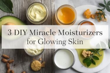 Flat lay of 3 DIY moisturizers: shea butter blend, honey & avocado mask, and beeswax balm with natural ingredients on wooden background