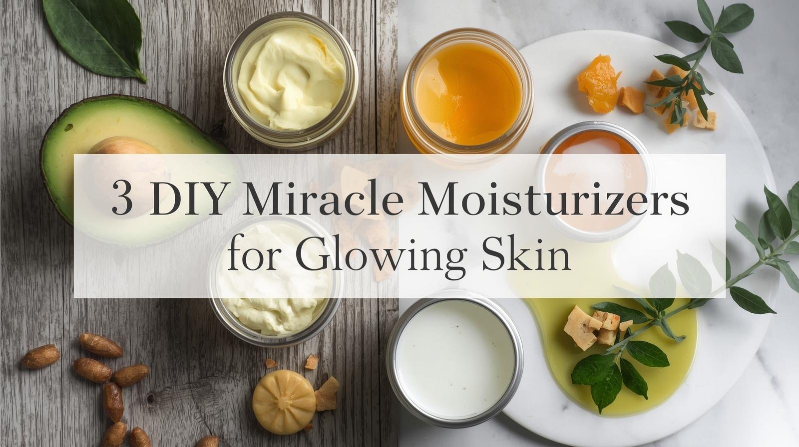 Flat lay of 3 DIY moisturizers: shea butter blend, honey & avocado mask, and beeswax balm with natural ingredients on wooden background