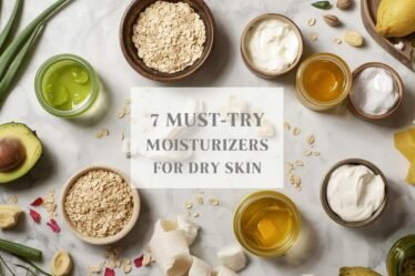 “Flat lay of 7 DIY moisturizers and masks: aloe vera & jojoba gel, yogurt & honey mask, oatmeal & yogurt mask, coconut & banana cream, avocado & olive oil cream, honey & oatmeal scrub, hibiscus + coconut oil paste with natural ingredients on marble background