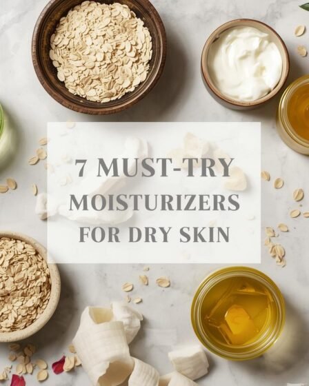 “Flat lay of 7 DIY moisturizers and masks: aloe vera & jojoba gel, yogurt & honey mask, oatmeal & yogurt mask, coconut & banana cream, avocado & olive oil cream, honey & oatmeal scrub, hibiscus + coconut oil paste with natural ingredients on marble background