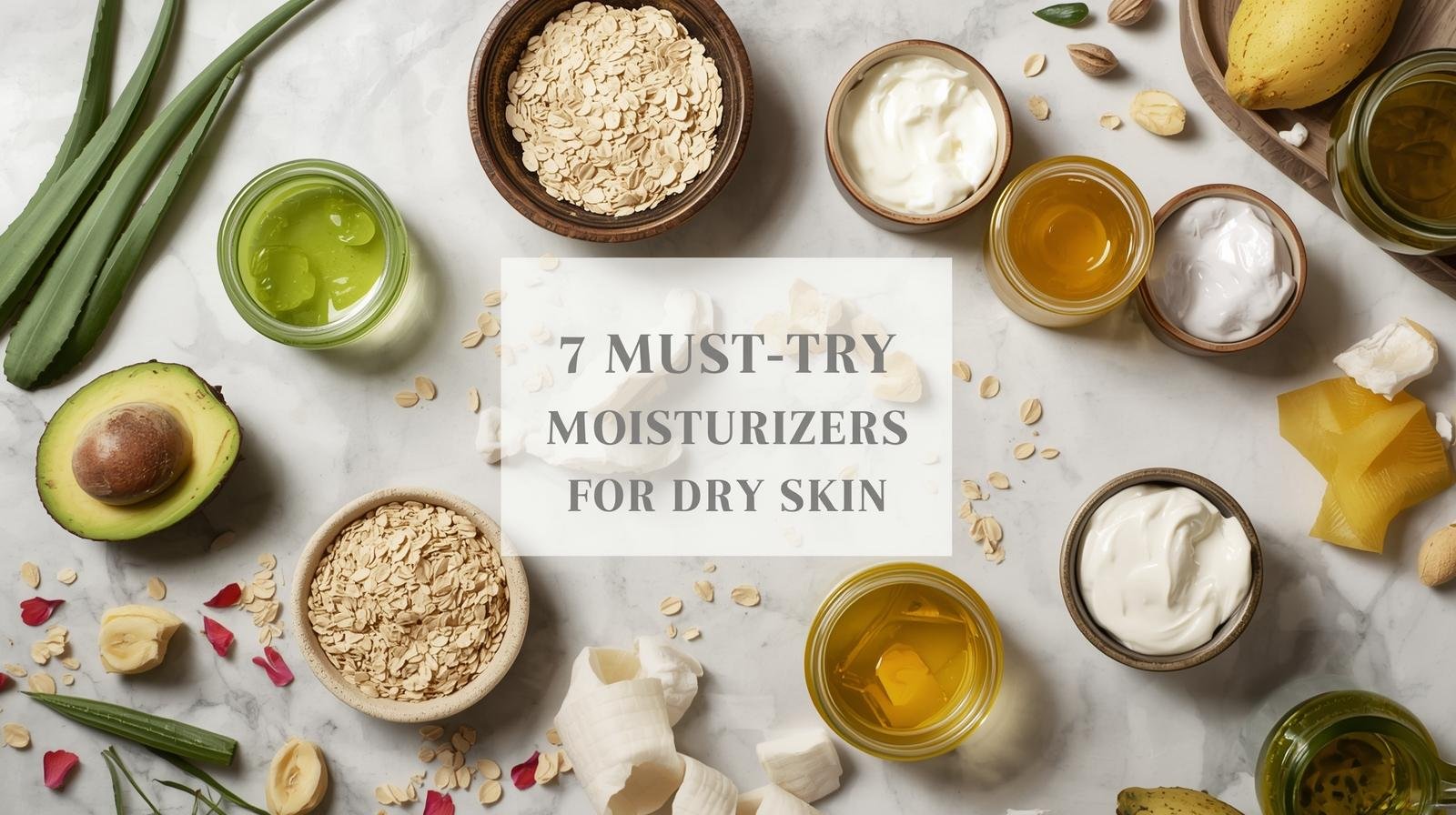 “Flat lay of 7 DIY moisturizers and masks: aloe vera & jojoba gel, yogurt & honey mask, oatmeal & yogurt mask, coconut & banana cream, avocado & olive oil cream, honey & oatmeal scrub, hibiscus + coconut oil paste with natural ingredients on marble background