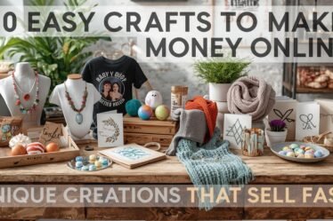 Handmade crafts including jewelry, candles, t-shirts, and home decor arranged on a creative workspace