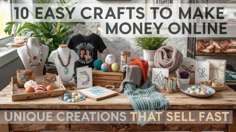 Handmade crafts including jewelry, candles, t-shirts, and home decor arranged on a creative workspace