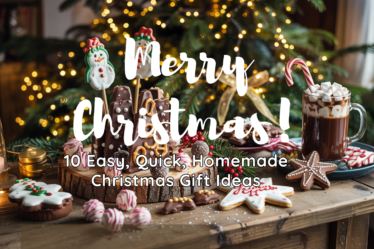 Assorted homemade Christmas edible gifts including chocolate bark, Oreo snowman pops, reindeer cookies, peppermint truffles, cupcakes, and a hot cocoa mug arranged on a festive holiday table