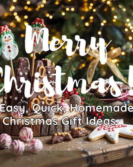 Assorted homemade Christmas edible gifts including chocolate bark, Oreo snowman pops, reindeer cookies, peppermint truffles, cupcakes, and a hot cocoa mug arranged on a festive holiday table