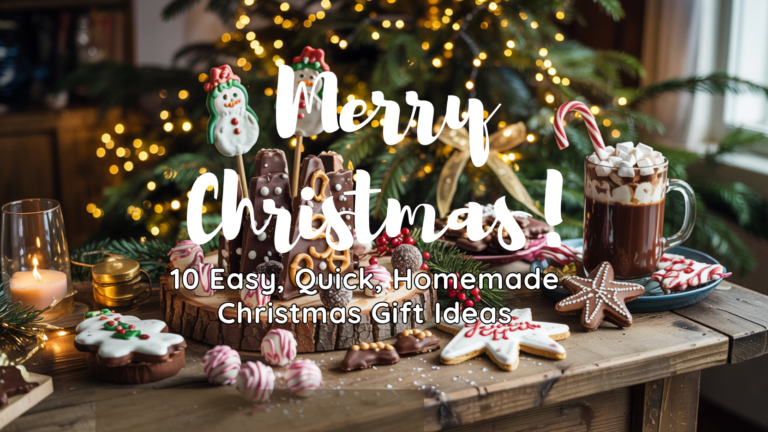 Assorted homemade Christmas edible gifts including chocolate bark, Oreo snowman pops, reindeer cookies, peppermint truffles, cupcakes, and a hot cocoa mug arranged on a festive holiday table