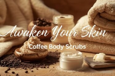 Coffee body scrub in ceramic bowl with coconut oil and shea butter, cozy home spa setting