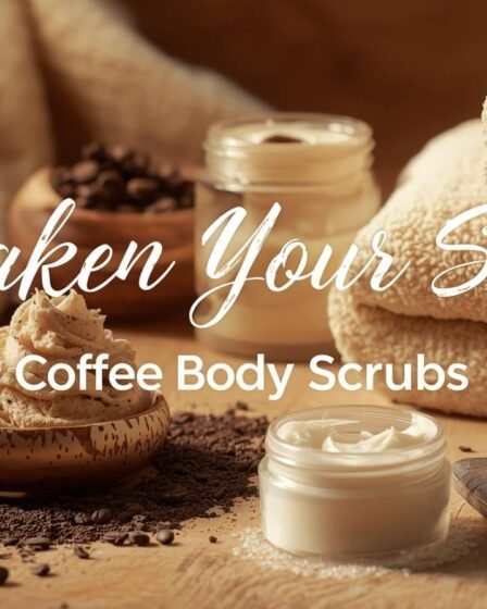 Coffee body scrub in ceramic bowl with coconut oil and shea butter, cozy home spa setting