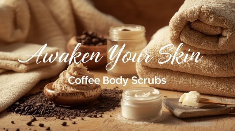 Coffee body scrub in ceramic bowl with coconut oil and shea butter, cozy home spa setting