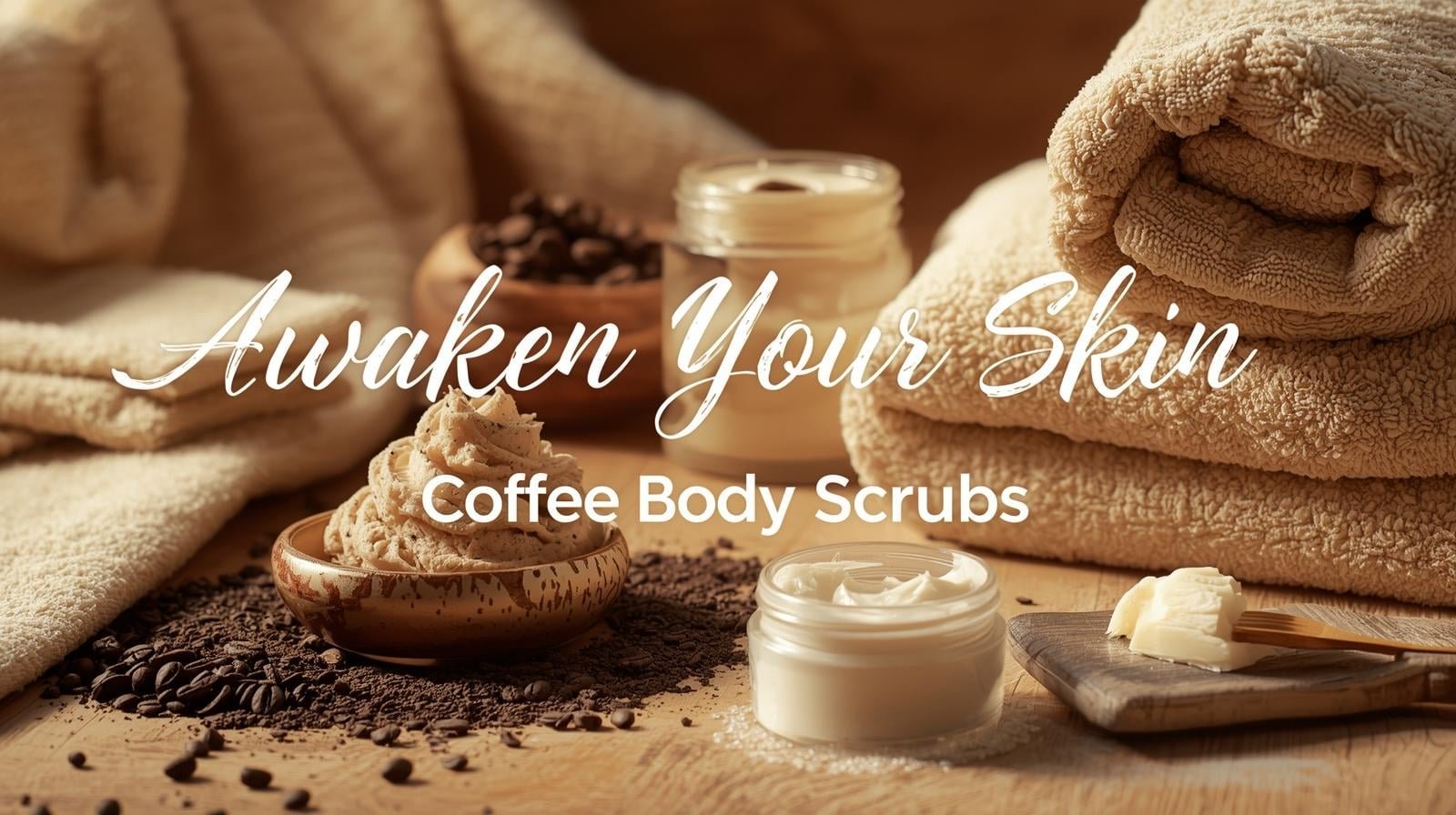 Coffee body scrub in ceramic bowl with coconut oil and shea butter, cozy home spa setting
