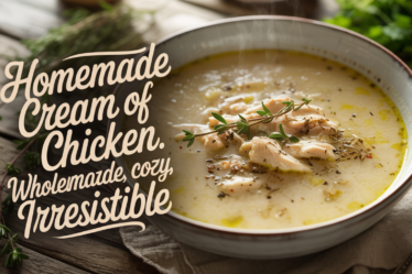 Creamy homemade cream of chicken soup in a white bowl with herbs and cracked pepper