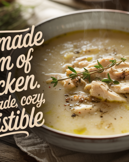 Creamy homemade cream of chicken soup in a white bowl with herbs and cracked pepper