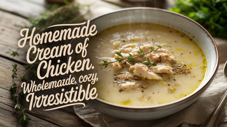 Creamy homemade cream of chicken soup in a white bowl with herbs and cracked pepper