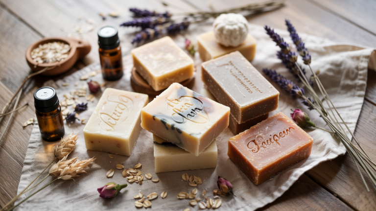 Handmade natural soaps displayed with essential oils and botanicals for a homemade soap hobby or small business
