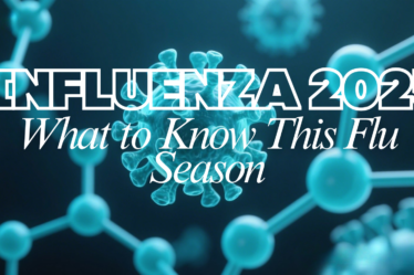 Scientific illustration of influenza virus particles and molecular structures