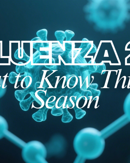 Scientific illustration of influenza virus particles and molecular structures