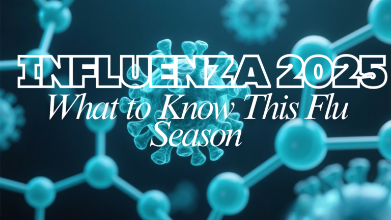 Scientific illustration of influenza virus particles and molecular structures