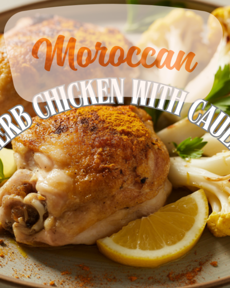 Moroccan lemon herb chicken served with roasted cauliflower, seasoned with garlic, turmeric, cumin, and fresh herbs.