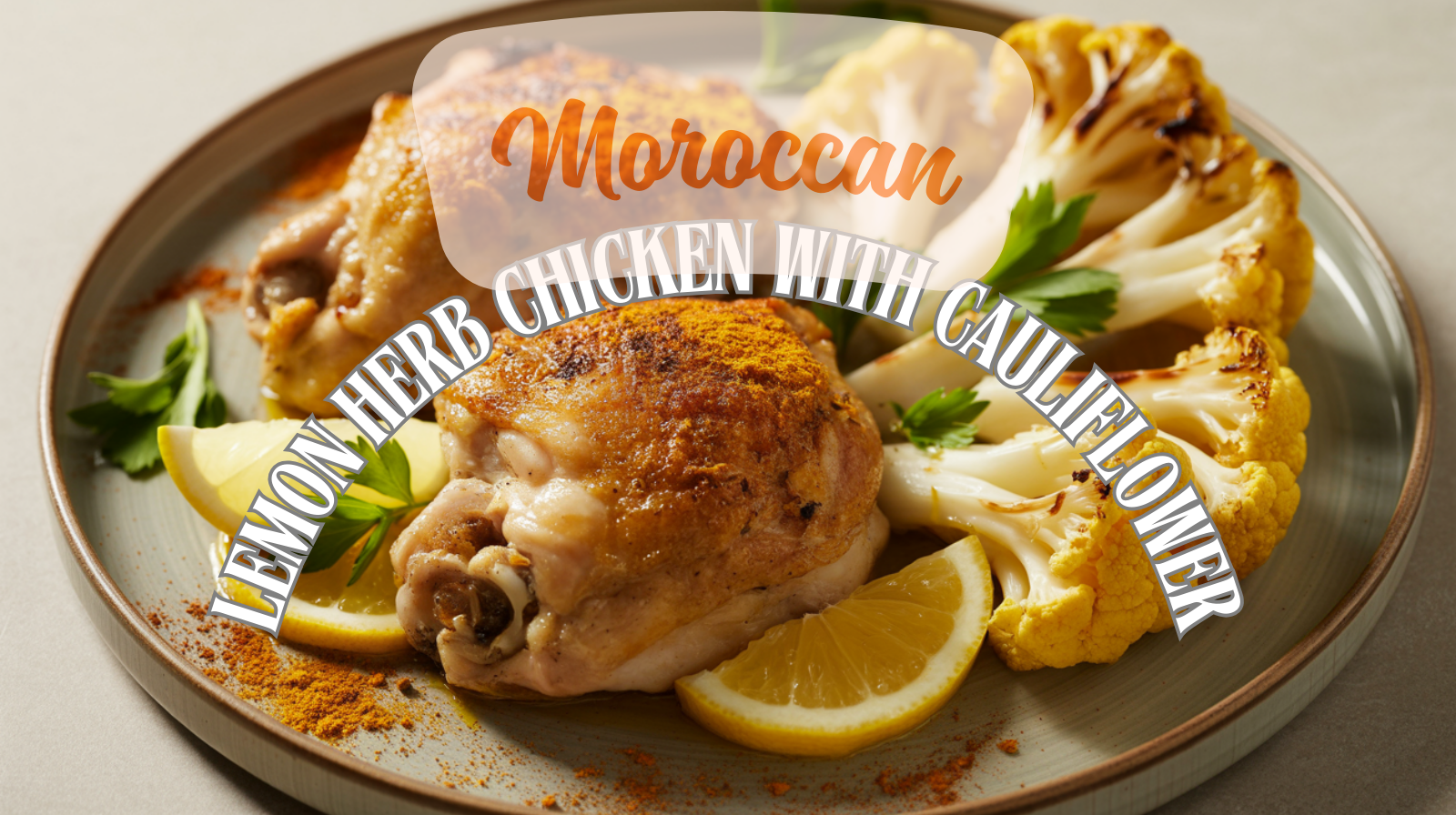 Moroccan lemon herb chicken served with roasted cauliflower, seasoned with garlic, turmeric, cumin, and fresh herbs.