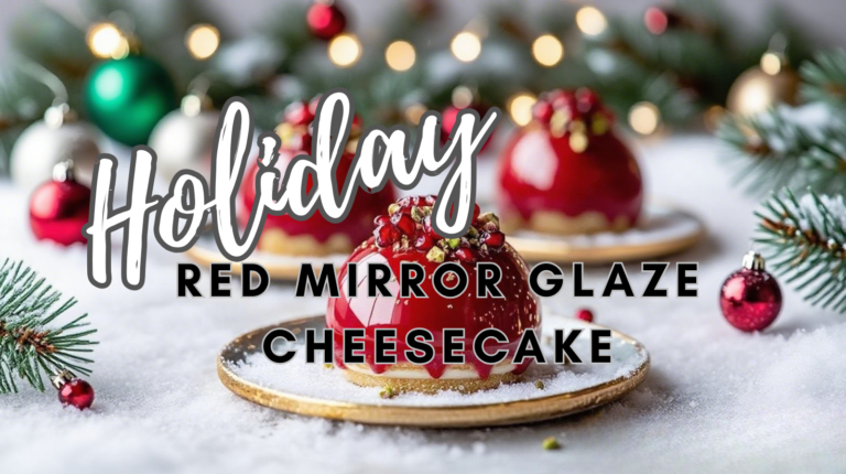 Red mirror glaze cheesecake with biscotti crust topped with pomegranate and pistachio garnish