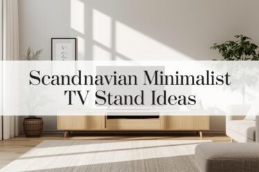 Scandinavian minimalist living room with oak TV stand and centered text overlay on white background.