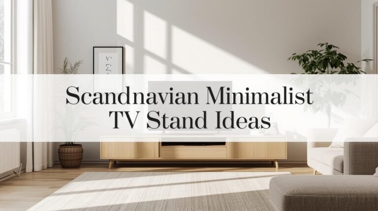 Scandinavian minimalist living room with oak TV stand and centered text overlay on white background.