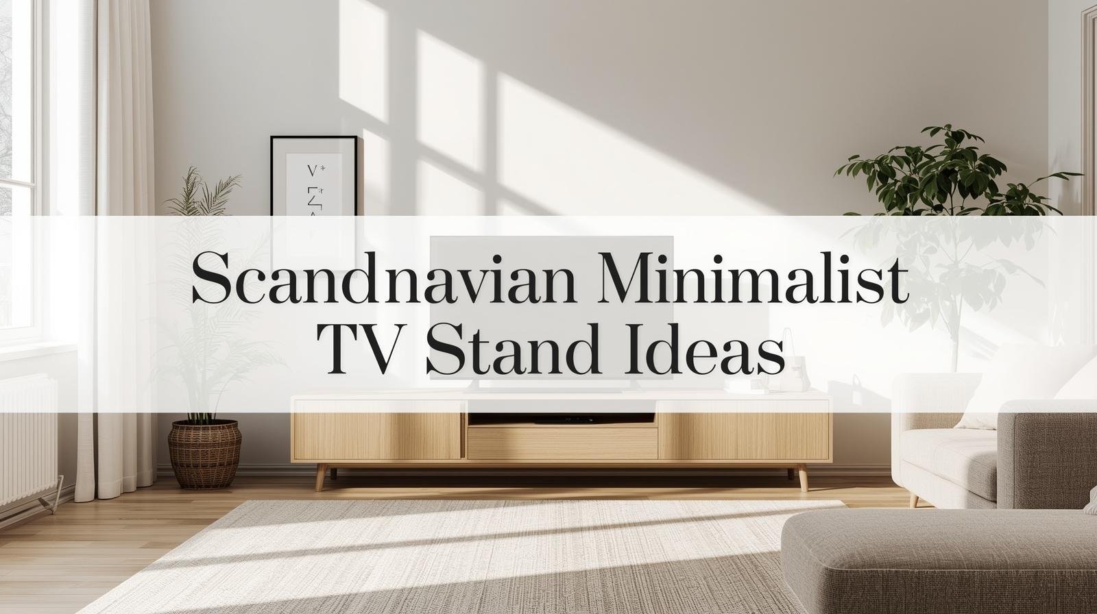 Scandinavian minimalist living room with oak TV stand and centered text overlay on white background.