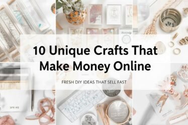 Flat lay of handmade crafts including resin bookmarks, clay dishes, pressed flower art, wood decor, and planner accessories with text overlay about unique crafts that make money online.