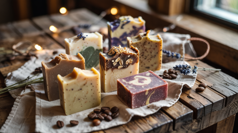 Handmade natural soap bars styled with botanicals to represent why homemade soap is better than commercial soap ingredients
