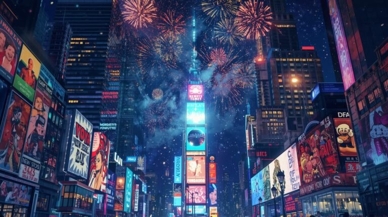 New York City skyline at night with Times Square Ball Drop and fireworks celebrating New Year’s Eve.