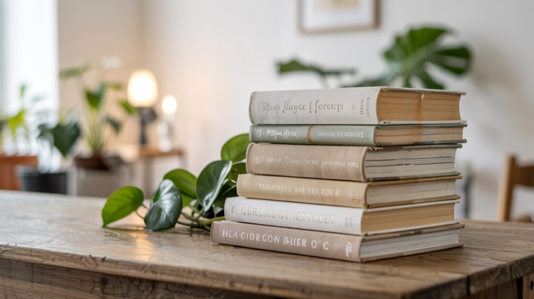 Stack of self-help and personal growth books arranged on a wooden table in warm natural light