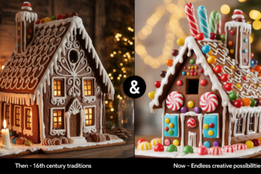 Split-scene image of a vintage 16th-century gingerbread house next to a modern colorful gingerbread house, showing the evolution from traditional designs to today’s creative possibilities.