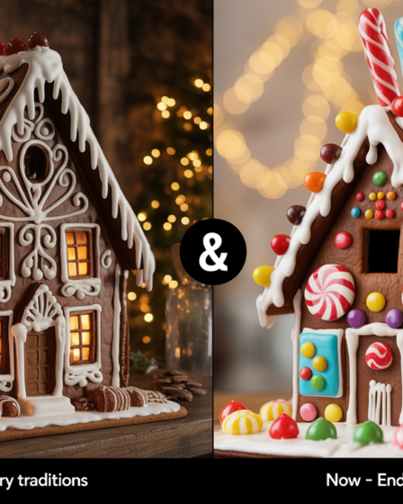 Split-scene image of a vintage 16th-century gingerbread house next to a modern colorful gingerbread house, showing the evolution from traditional designs to today’s creative possibilities.