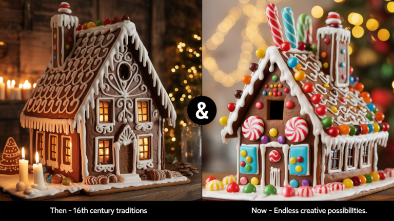 Split-scene image of a vintage 16th-century gingerbread house next to a modern colorful gingerbread house, showing the evolution from traditional designs to today’s creative possibilities.