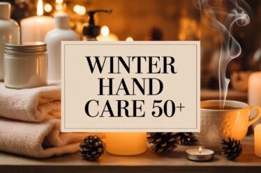 Winter hand-care scene with plain white moisturizers, soft towels, and cozy winter elements designed for women over 50