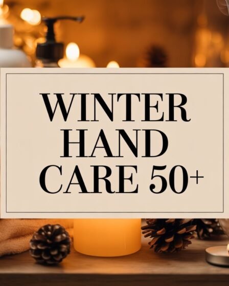 Winter hand-care scene with plain white moisturizers, soft towels, and cozy winter elements designed for women over 50