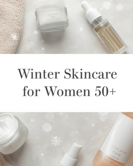 Winter skincare flatlay with hydrating creams, oils, and winter elements designed for women over 50.