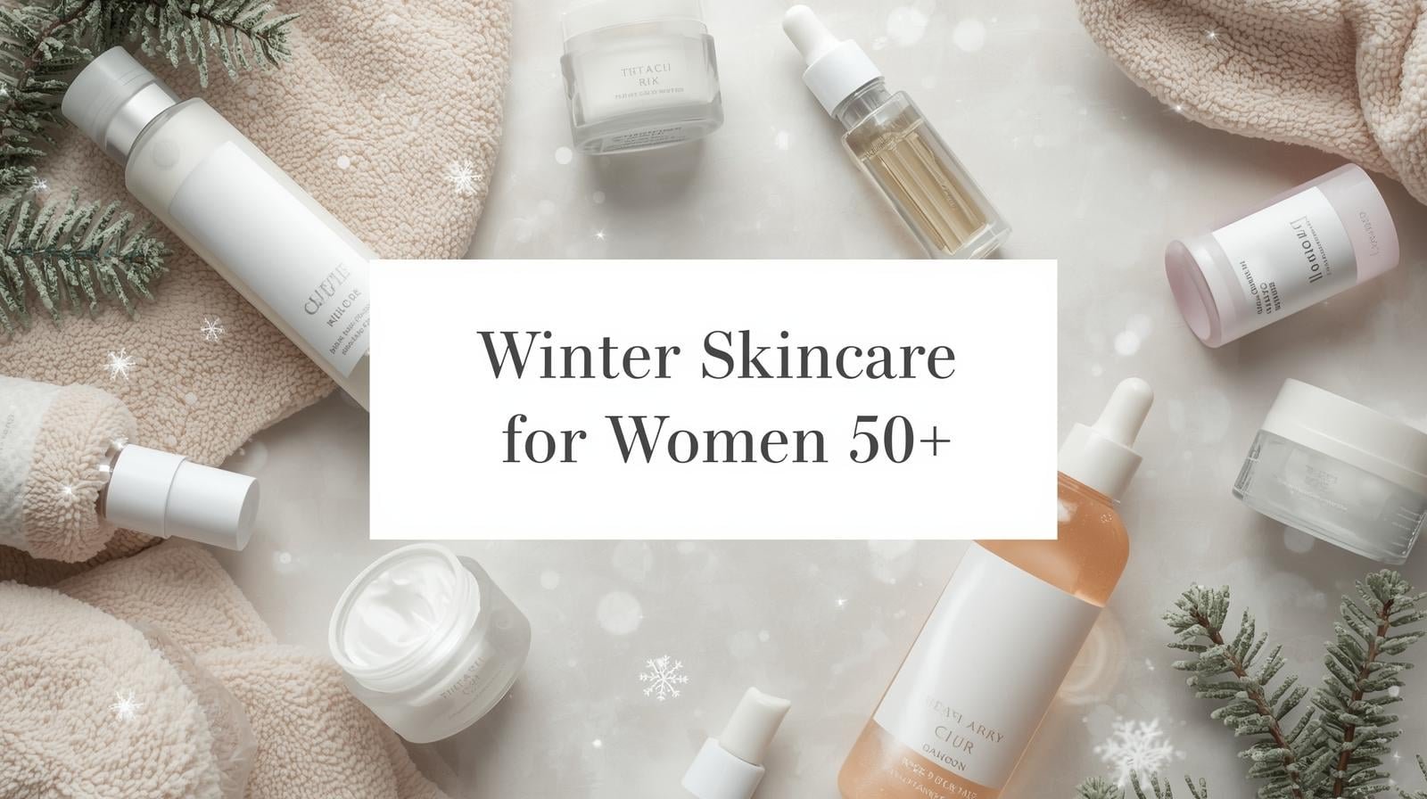 Winter skincare flatlay with hydrating creams, oils, and winter elements designed for women over 50.