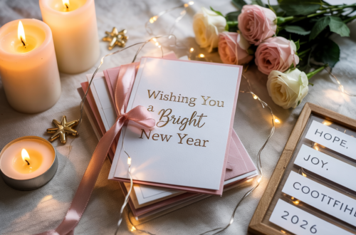 Festive flat-lay of greeting cards, candles, gifts, and notes symbolizing meaningful ways to send best wishes in 2026